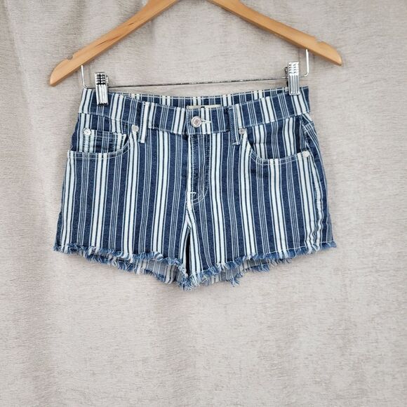 7FAM 7 For All Mankind Striped Blue Denim Jean Women's Shorts Frayed Cutoff - Picture 1 of 10